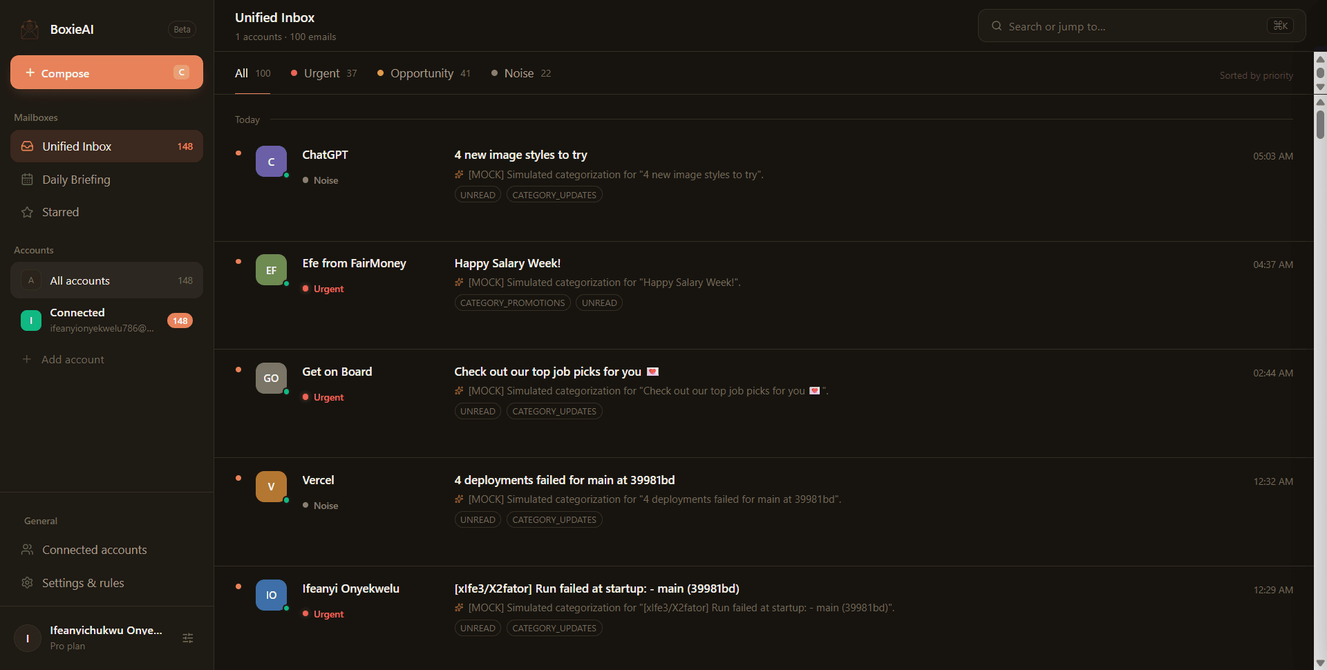 BoxieAI unified inbox with emails sorted into Urgent, Opportunity and Noise