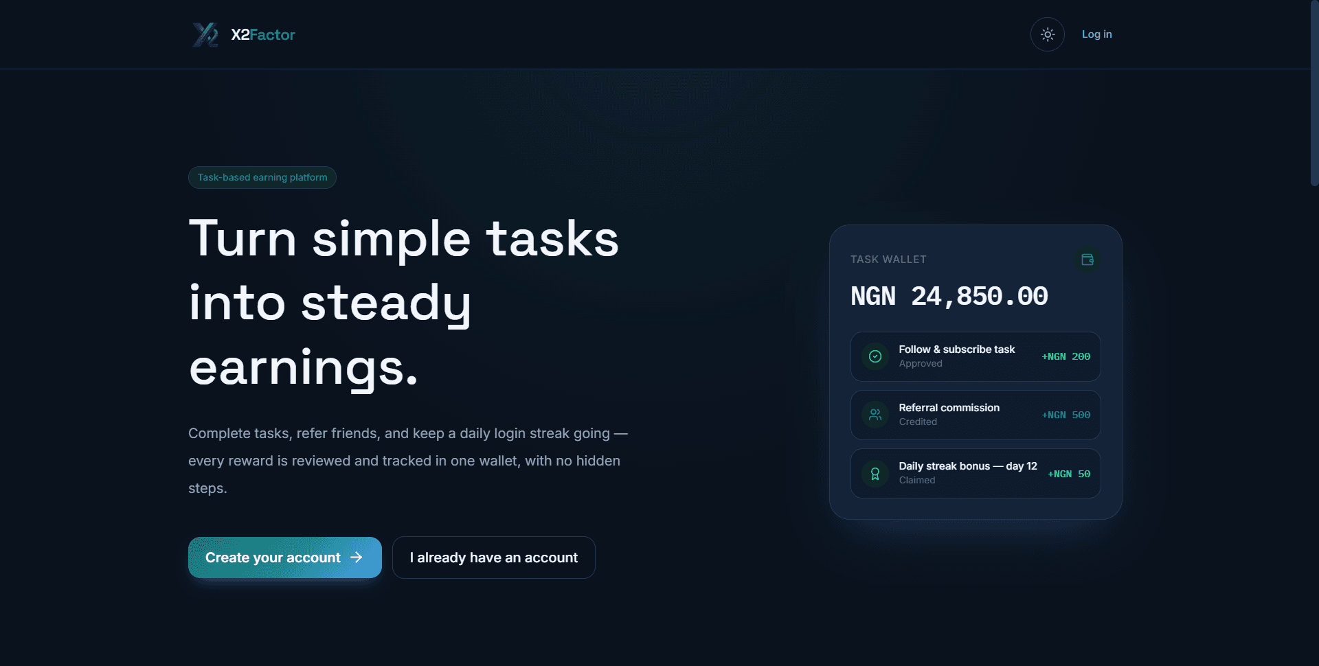 X2Factor dashboard showing wallets, tasks and earnings